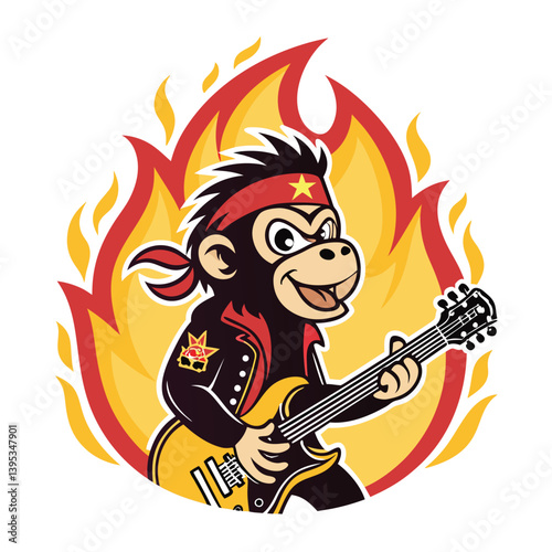 Design a bold, vector illustration of a rockstar monkey playing electric guitar, incorporating vibrant colors and dynamic strokes.