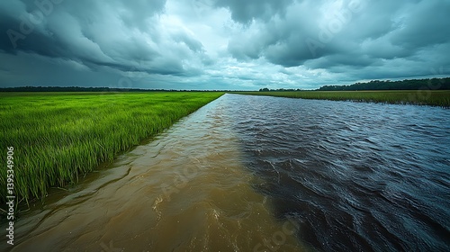 A contrasting landscape of rice paddy and a river with different colored waters under a dramatic sky. photo