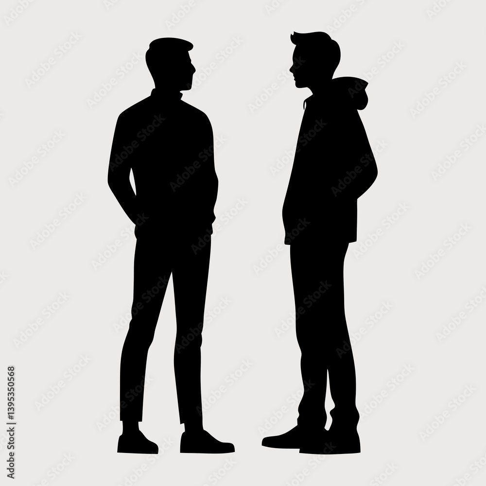 Silhouette Illustration Of Two Men In Conversation Facing Each Other Vector Graphic