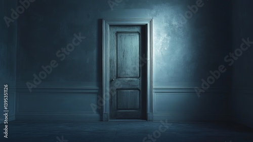 A mysterious wooden door stands closed in a dimly lit room, evoking intrigue.