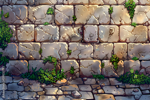 Rough Stone Wall with Moss in Warm Light with Detailed Texture for Backgrounds and Architectural Visualization Purposes