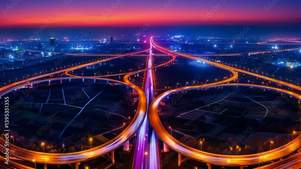 Lit highway intersections at night. Brightly lit highways intertwine under a colorful twilight sky, showcasing urban infrastructure and traffic flow.