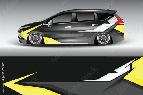 Sleek black and yellow modified car parked on a smooth surface with a minimalist background