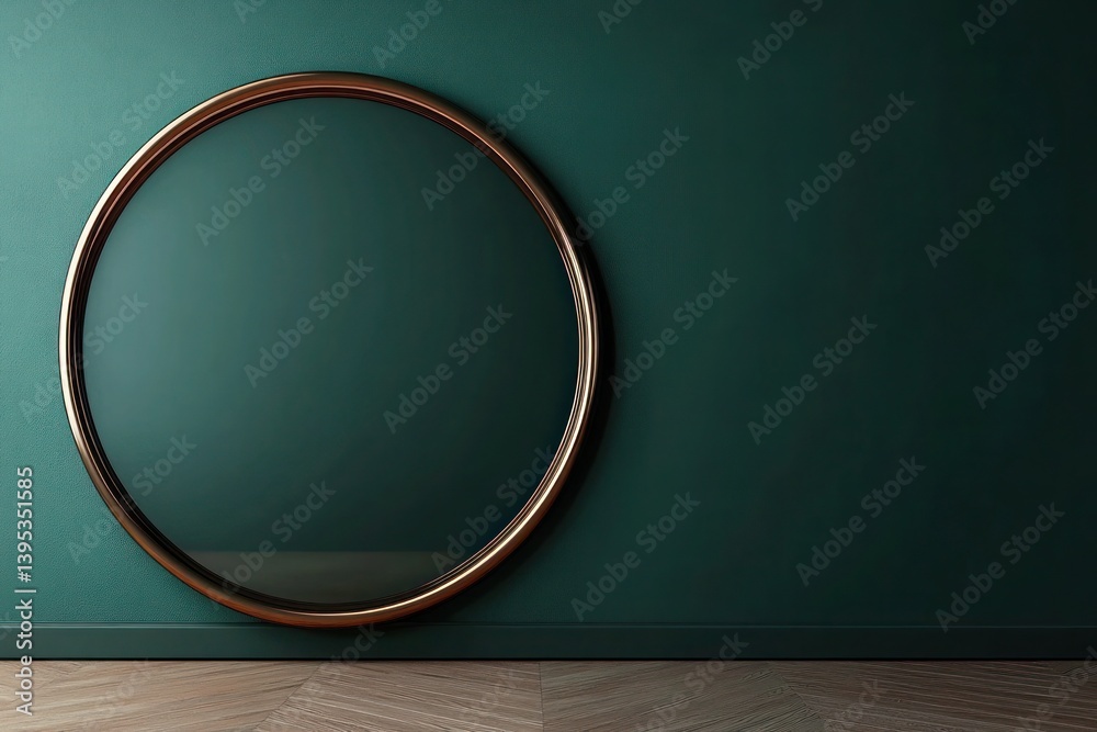 A glossy, circular bronze frame, positioned on the far left side of a deep green wall, creating an unusual yet visually balanced effect.