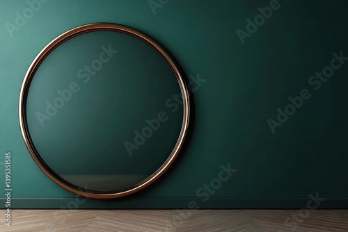 Obraz na płótnie A glossy, circular bronze frame, positioned on the far left side of a deep green wall, creating an unusual yet visually balanced effect. w salonie