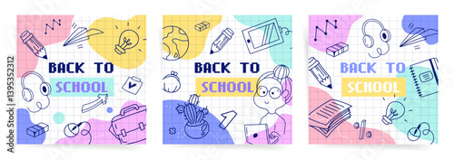 Square back to school banner with minimal icons, paper plane, backpack, doodle lightbulb and colorful blocks on grid background