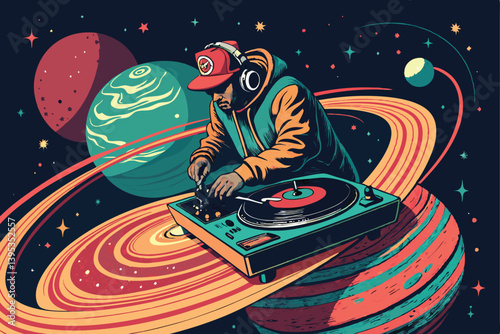 Design a bold, vibrant vector poster featuring a DJ intensely spinning records on a turntable, emphasizing dynamic movement and energy.