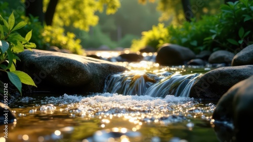 Serene stream flows gently over smooth river rocks, bathed in warm sunlight filtering through lush green foliage