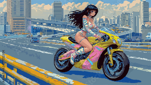 Pixel art illustration of a female biker riding a futuristic motorcycle on a highway in a vibrant urban setting