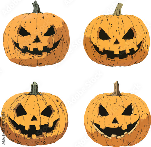 Four variations of a carved halloween pumpkin with spooky faces, isolated on white background