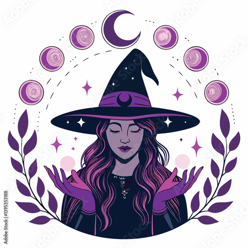 Create a bold vector illustration of a mystical witch, wielding a wand, with dramatic, flowing lines and vibrant colors. Emphasize her powerful and enigmatic presence.