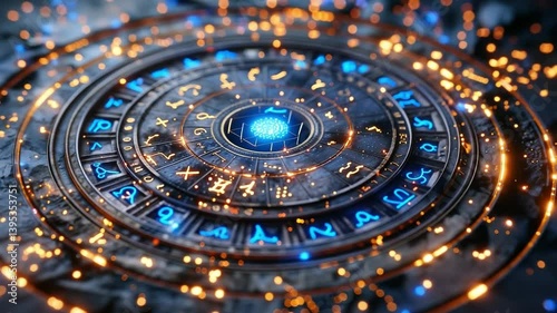 Wallpaper Mural Astro signs glow brightly. A glowing blue circle of astrological symbols against a dark background creates a mystical vibe. Torontodigital.ca