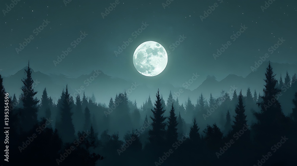 Scenic Forest At Night Under Full Moon With Starry Sky in Dark Blue Hues Scenic Forest At Night Under Full Moon With Starry Sky in Dark Blue Hues