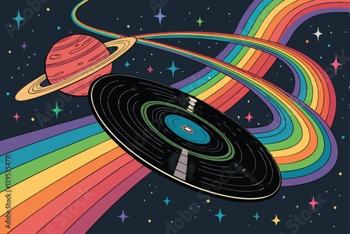 Create a hyper-realistic, ultra-saturated vector illustration of a cosmic-themed vinyl record, showcasing vibrant nebulae and celestial bodies.