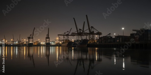  Port Authority Cargo Ships and container stacks with distant lights on the horizon creating an atmospheric mood.