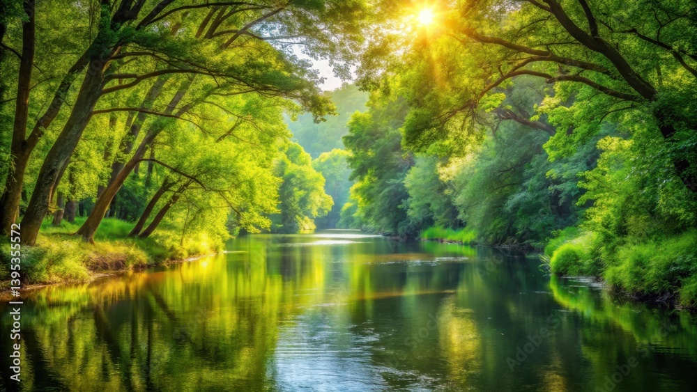 Fototapeta premium Serene River Winding Through a Lush Green Forest Canopy Bathed in Golden Sunlight