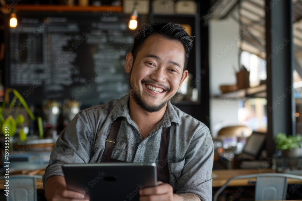 Fototapeta premium Smiling factory worker using digital tablet in the factory
