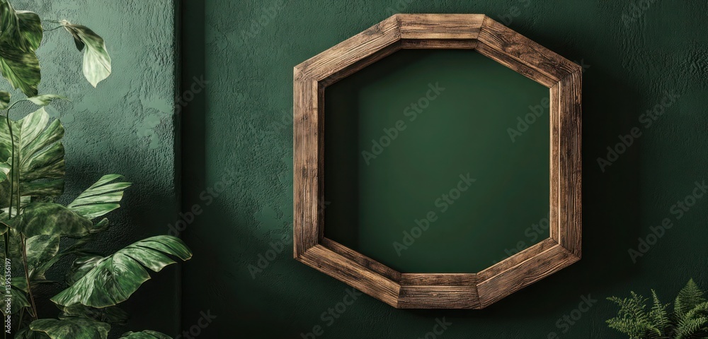 A hexagonal wooden frame with rough edges, suspended on a deep, forest green wall, providing a rustic yet modern style.