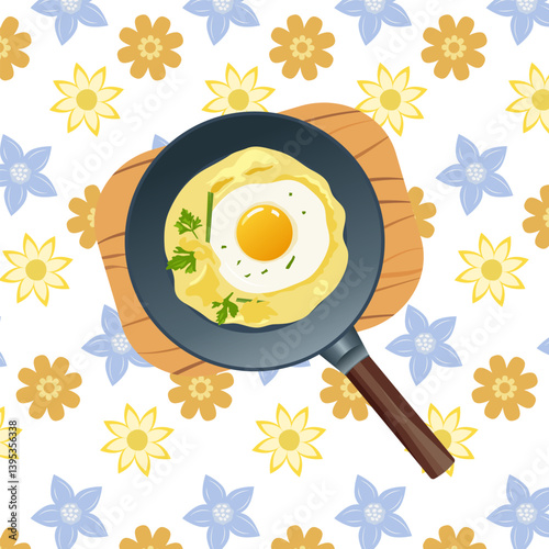 Vector illustration with fried eggs in a frying pan.