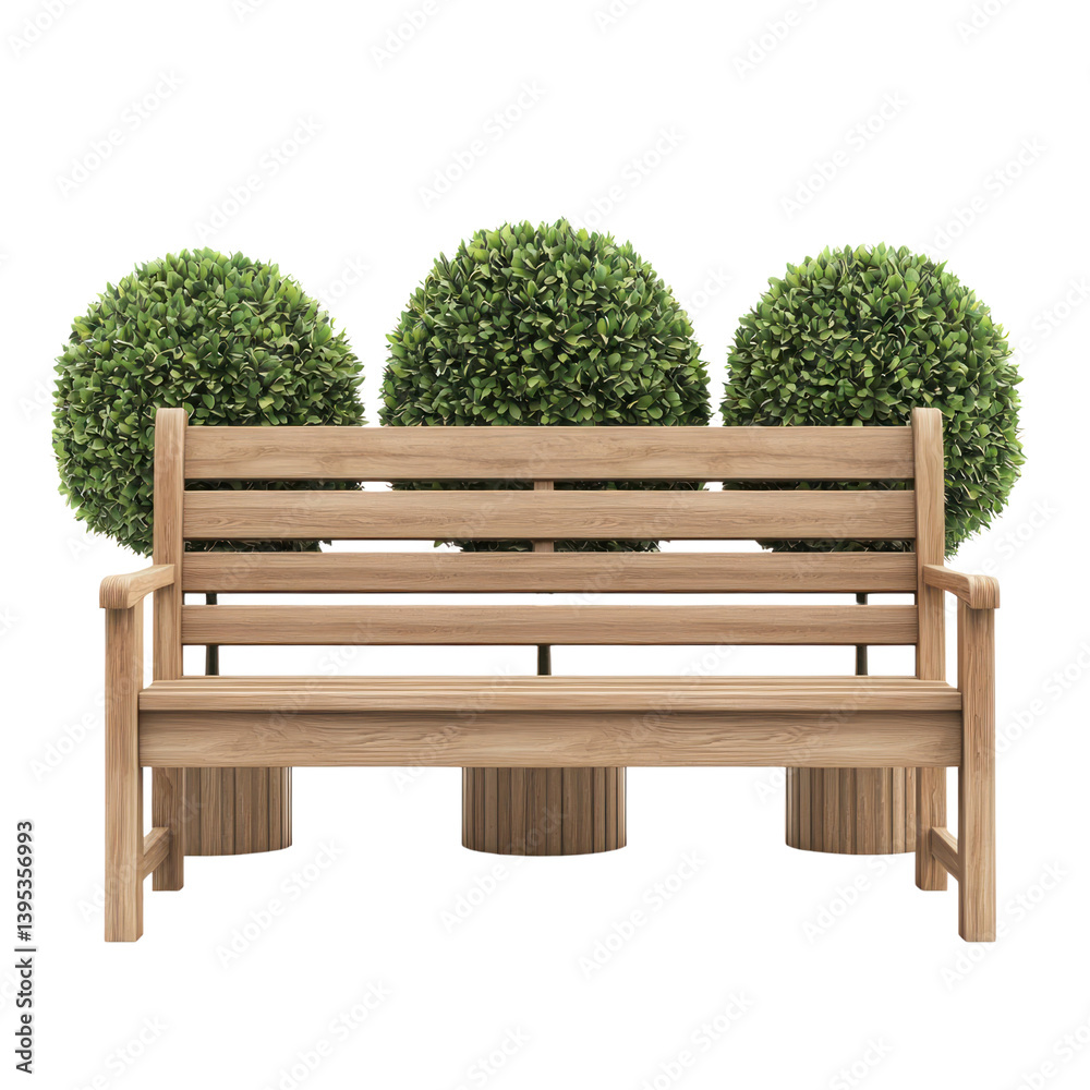 Wooden bench surrounded by decorative plants cutout background outdoor setting natural viewpoint Wooden bench surrounded by decorative plants cutout background outdoor setting natural viewpoint