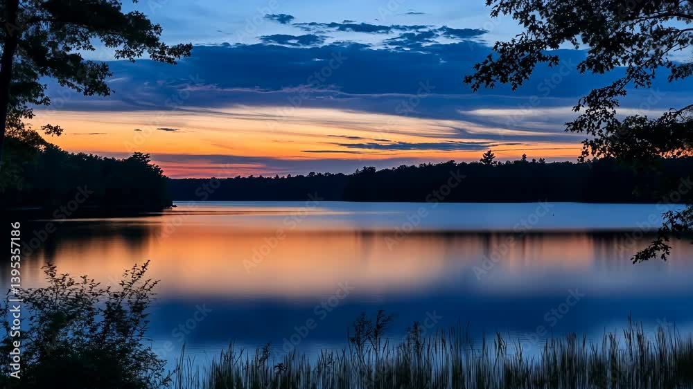 Sunset over tranquil lake accompanied by colorful clouds and reflections on still water