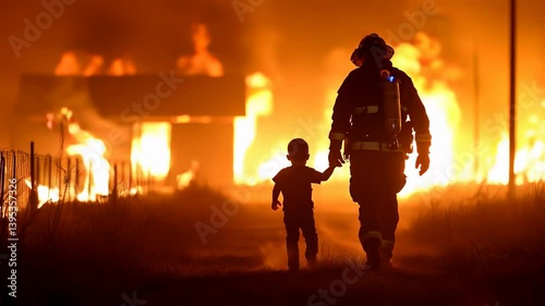 A firefighter leads a small child by the hand.silhouette, people, couple, sunset, love, woman, family, child, sun, boy, sky, father, illustration, vector, romantic, mother, romance, kiss, holding, 