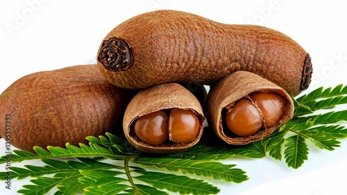 Freshly harvested ackee fruits stacked on a white surface with bright green leaves detail the edible Arilli inside photo