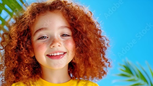  Young girl with curly red hair smiles brightly in a sunny outdoor setting surrounded by lush green foliage generated AI	child, face, kid, smile, smiling, hair, people, fun, childhood, blond,  