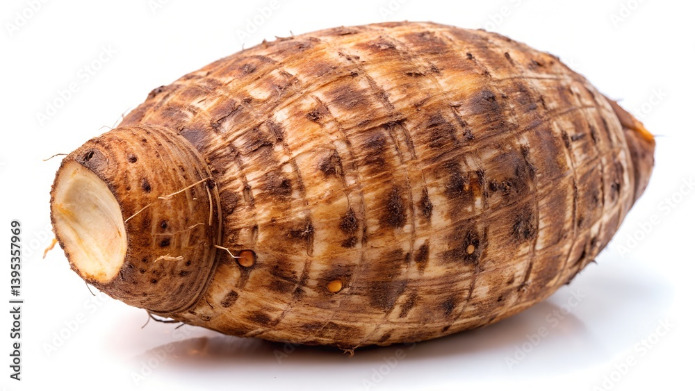 Fresh Taro Root with Earthy Brown Skin and Detailed Texture Isolated on White Background
Fresh Taro Root with Earthy Brown Skin and Detailed Texture Isolated on White Background