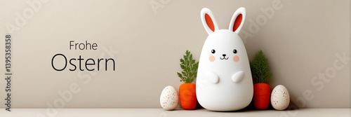 Frohe Ostern. German happy easter greeting banner or header with bunny and eggs
