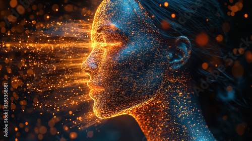 Profile of a man in a glowing mask showcasing data streams and a 3D avatar projection against a dark background in a sci-fi setting