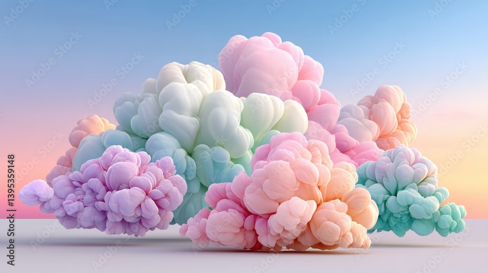 Fototapeta premium A dreamy composition of colorful, fluffy clouds in pastel hues set against a soft gradient sky, evoking tranquility and whimsy.