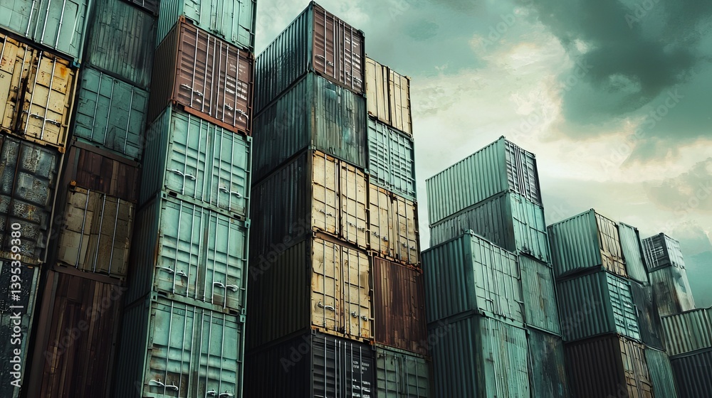 Fototapeta premium Staggered shipping containers create an industrial backdrop under a moody sky, showcasing urban architecture.