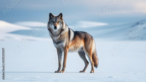 A wolf standing confidently on a snowy place