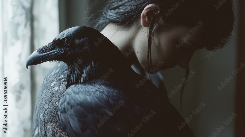 Naklejka premium A dark-feathered raven rests on a person's shoulder, both in soft shadow, embodying a mysterious bond between human and nature under dim light.