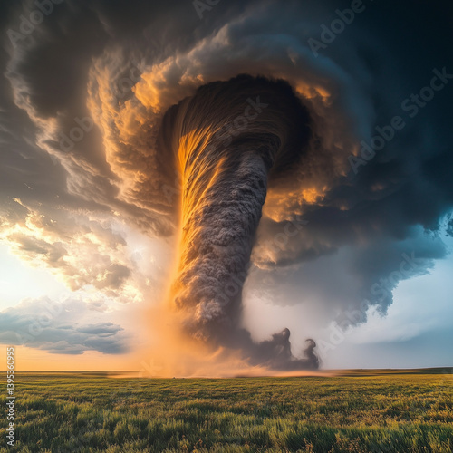 A breathtaking spectacle unfolds as tranquil backdrop is juxtaposed with ferocious might of a tornado, a vivid testament to nature's awe-inspiring capacity for unleashing unbridled force