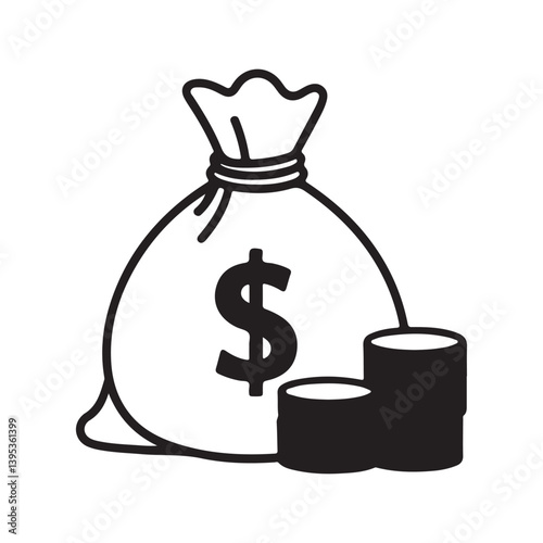 Money Bag with Dollar Sign and Coin Stacks Vector