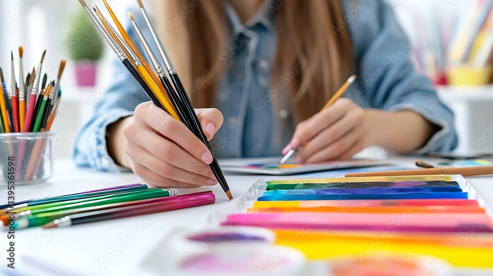 Creative Artist Engaging in Colorful Painting with Various Brushes Creative Artist Engaging in Colorful Painting with Various Brushes