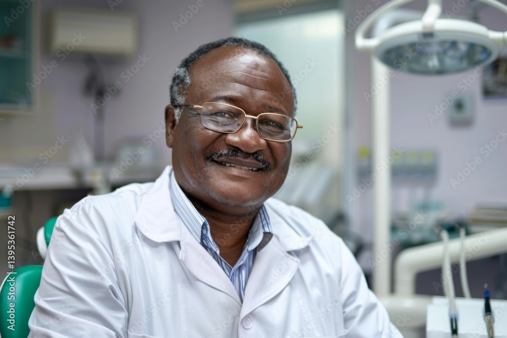 Fototapeta premium Smiling middle aged African dentist in a modern dentists office portrait