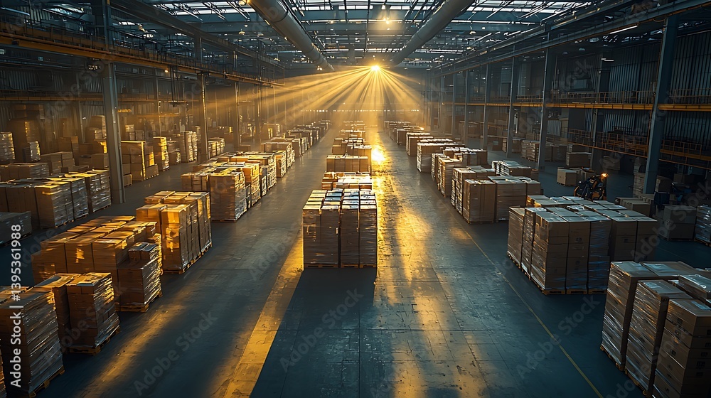 Sunlit warehouse filled with boxes