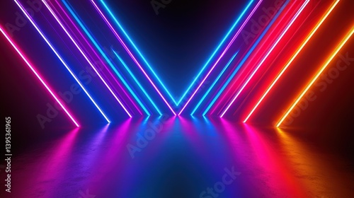 Abstract neon background with glowing lines in blue, red, orange, purple, and pink colors, 3D rendered virtual space for design presentations or night club stage concepts. Futuristic technology visual