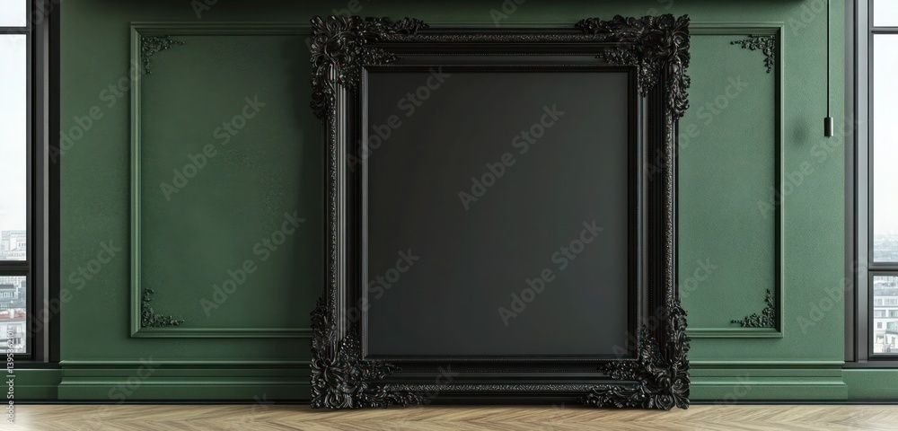 A large, empty black frame with intricate carvings placed asymmetrically on a deep green wall, its ornate detailing contrasting elegantly with the modern background.