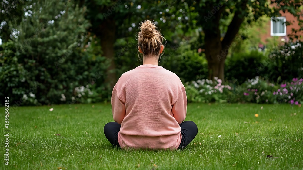 Fototapeta premium Woman Meditating in Peaceful Garden Setting Surrounded by Nature