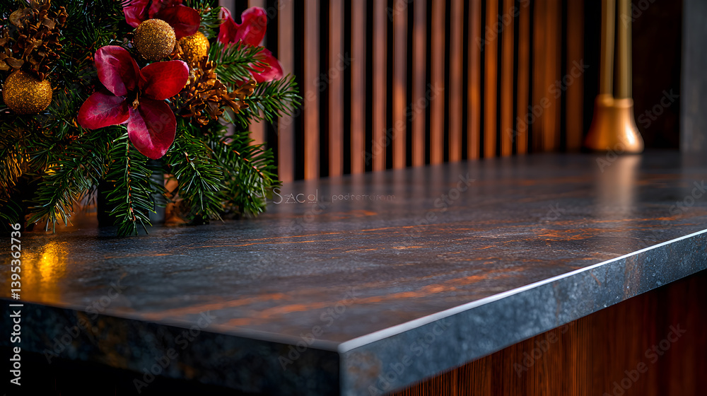 Fototapeta premium A black granite counter top with a red flower arrangement on it