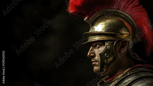 A solemn Roman soldier in golden armor with a red plume helmet looks on.
