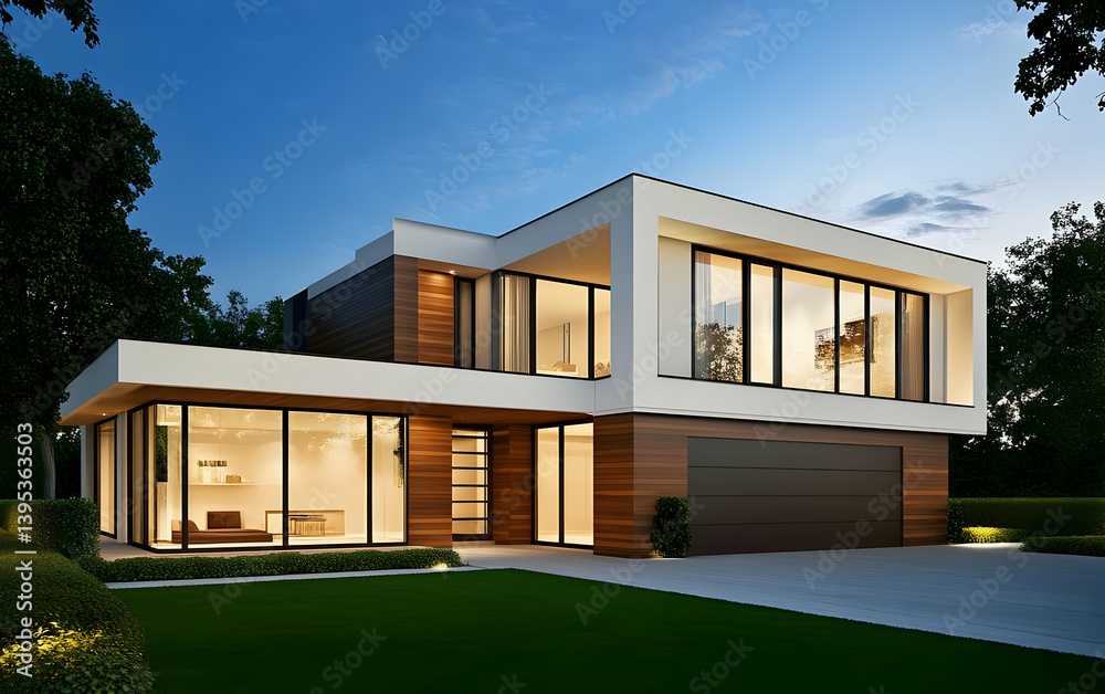 A modern house showcasing sleek design and large windows, surrounded by greenery in a serene evening setting.