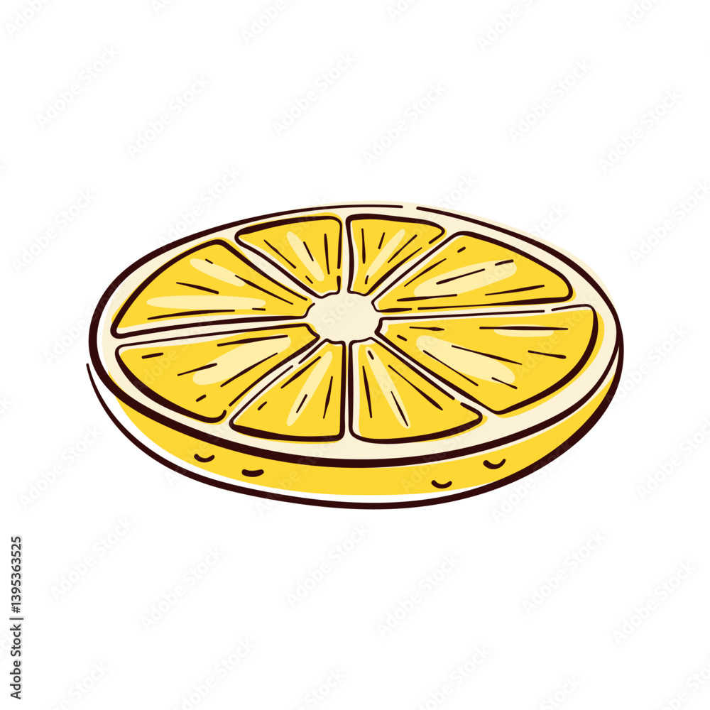 Hand drawn yellow lemon slice isolated on white background. Perfect for citrus fruit design, healthy food packaging, juice labels, summer theme and kitchen decoration. Hand drawn yellow lemon slice isolated on white background. Perfect for citrus fruit design, healthy food packaging, juice labels, summer theme and kitchen decoration.