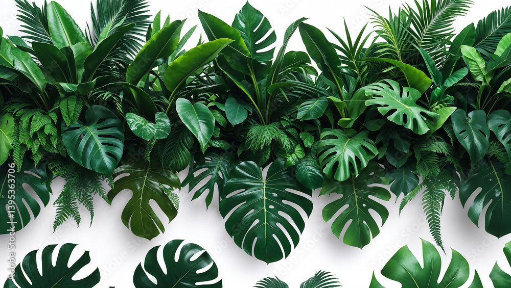 Tropical green leaves creating a natural and vibrant border on white background Tropical green leaves creating a natural and vibrant border on white background