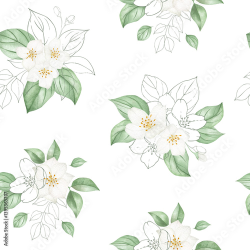 Seamless Jasmine Botanical Pattern – White Blossoms with Leaves and Minimal Design – Watercolor Surface Print
