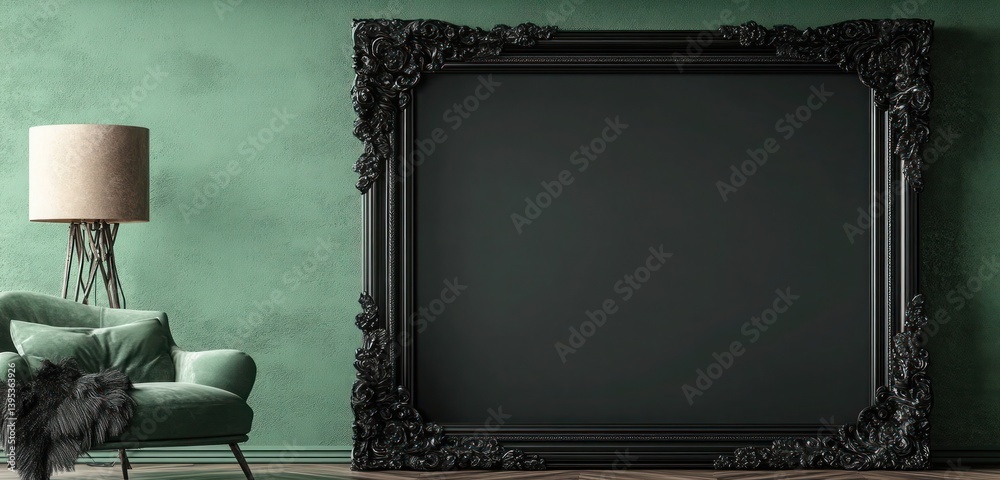 A large, empty black frame with intricate carvings placed asymmetrically on a deep green wall, its ornate detailing contrasting elegantly with the modern background.